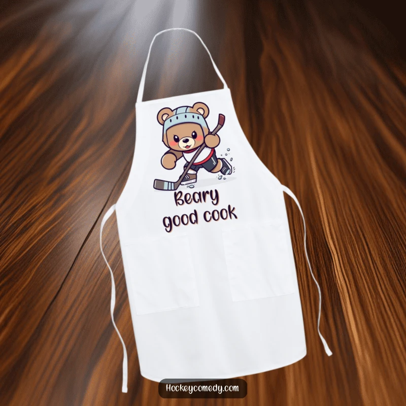 Funny determined bear character attempting a hockey maneuver, kitchen apron.