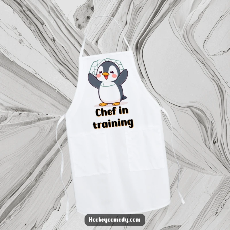 Funny apron showing a delighted penguin flapping enthusiastically while guarding a hockey net, ready to cook.