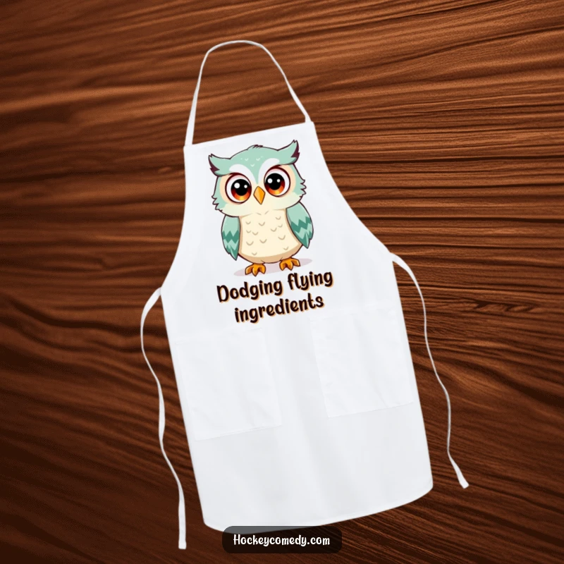 Funny owl apron, a surprised owl with wide eyes, about to be hit by a hockey puck, practical and humorous gift.
