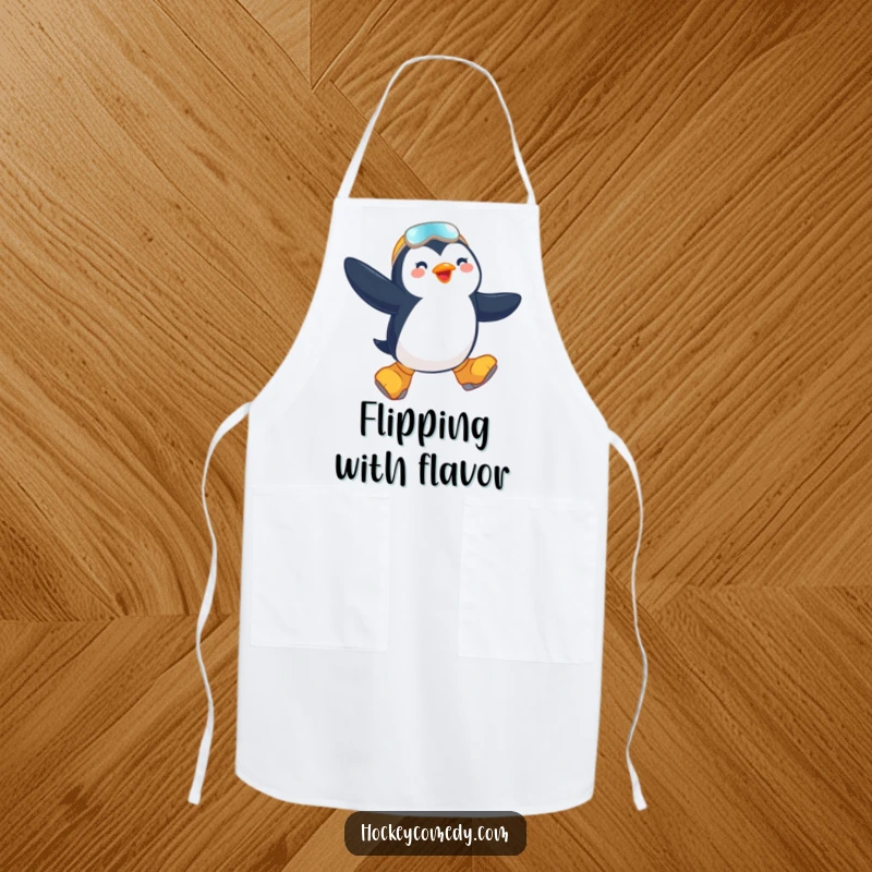 Funny apron showing a jubilant penguin performing a mid-air skate jump, ready to add flair to any kitchen task.