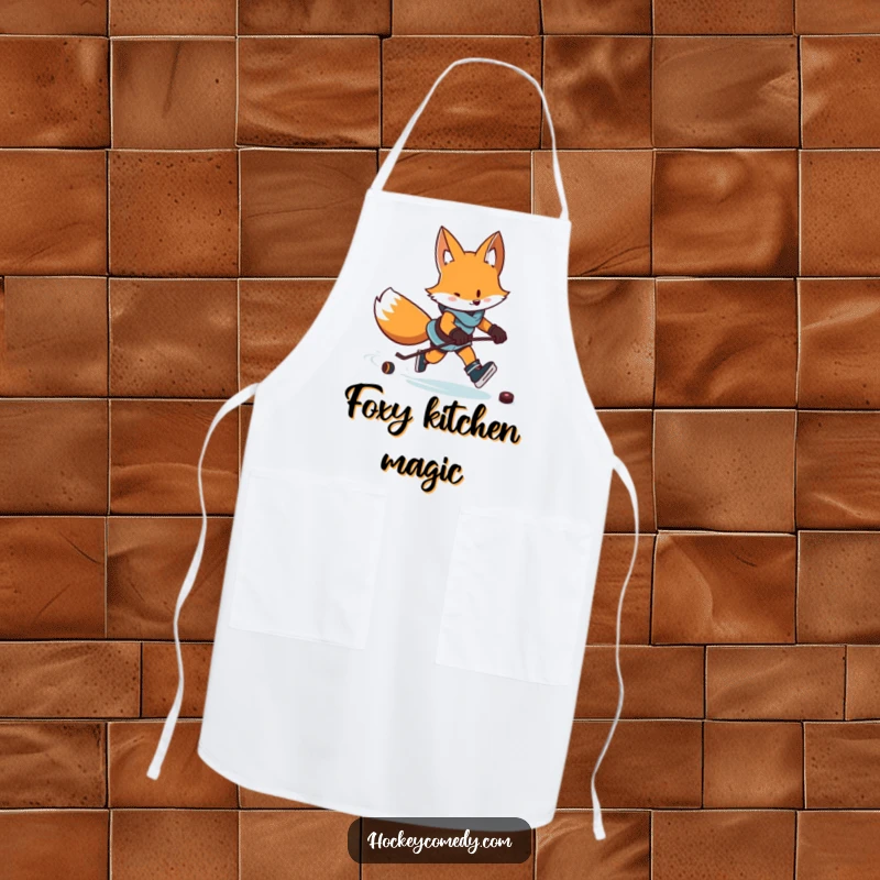 Funny apron showcasing a determined fox skating with a puck, leaving a zigzag trail, ready to cook.