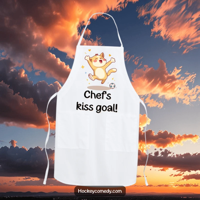 Funny apron depicting an energetic animal leaping in celebration of a goal, ideal for kitchen triumphs and humor.