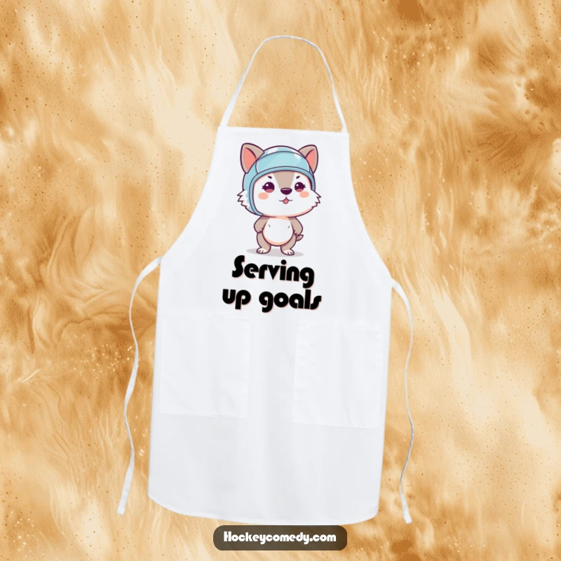 Funny apron depicting a determined animal wearing a helmet, mid-slapshot, perfect for kitchen protection and hockey humor.