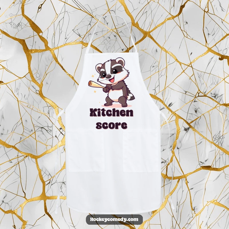 Funny badger chef wearing an apron, performing a powerful slap shot in the kitchen.