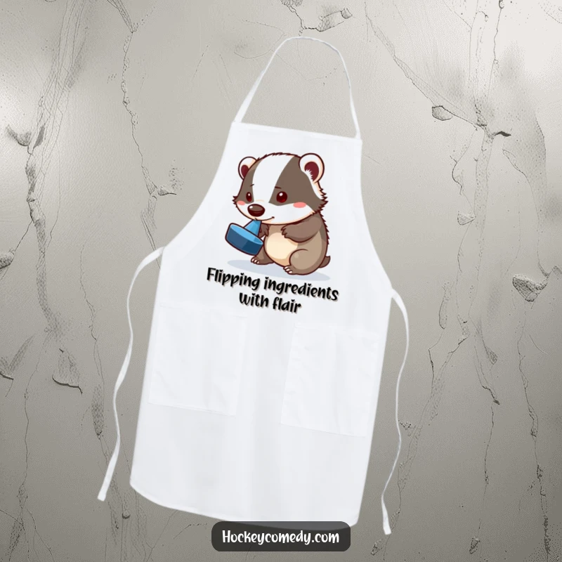 Funny badger apron, a playful badger attempting a puck flip with its nose, practical and humorous gift.