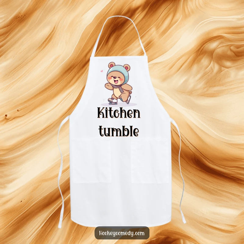 Funny bear chef wearing an apron and tripping over skates, giggling hilariously.