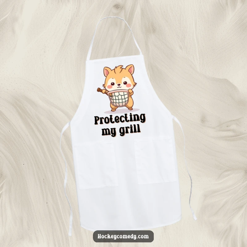 Funny apron showing a brave animal as a determined goalie, resolutely defending a small net during kitchen adventures.