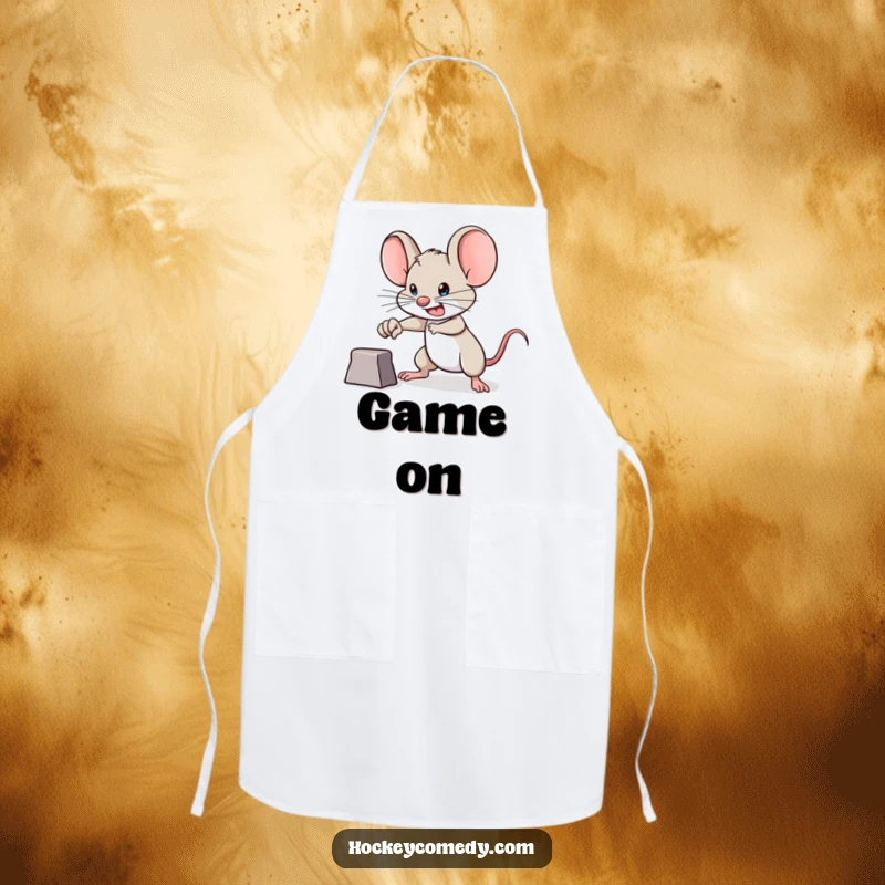 Funny brave mouse apron, determined expression, aiming for a goal, symbolizing ambition and humor for a kitchen gift.