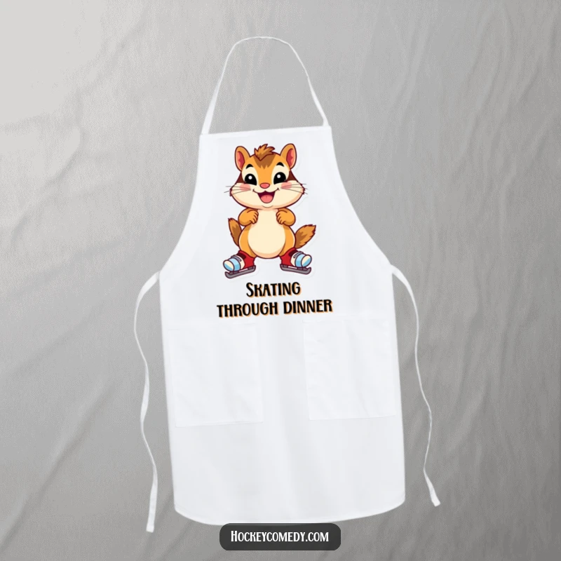 Funny chipmunk apron, a cheerful chipmunk wearing oversized skates, wobbling gleefully while cooking, practical and humorous gift.
