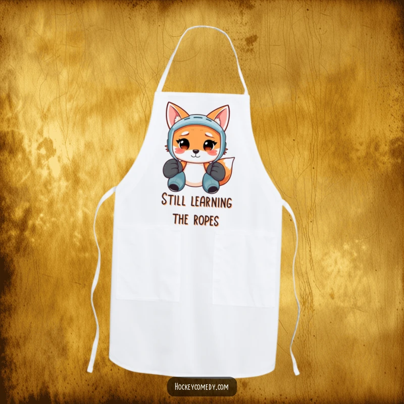 Funny apron showing a smiling fox in oversized hockey pads, looking comically confused while preparing food.