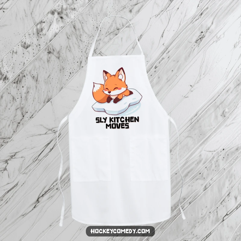 Funny determined fox sliding on its belly across ice on a humorous kitchen apron.
