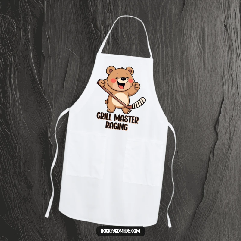 Funny apron showing a happy, roaring bear furiously waving a hockey stick, ready for kitchen action.