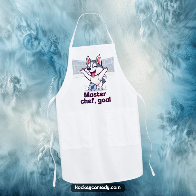 Funny husky apron illustration of a soccer goal with a triumphant roar, kitchen fun, practical and humorous, a great funny gift.