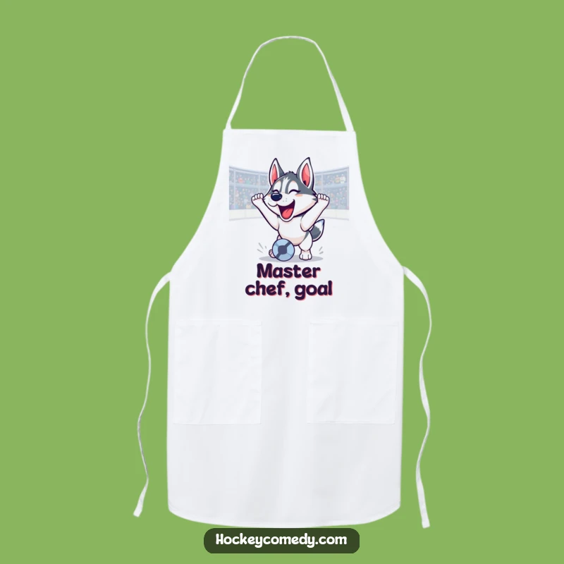 Funny Husky Goal Scorer Apron: Triumphant Roar Kitchen Fun, Perfect Funny Gift