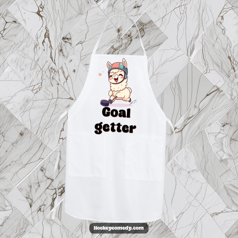 Funny llama apron, giggling, wearing a helmet, joyfully chasing a hockey puck, adds fun to the kitchen as a humorous gift.
