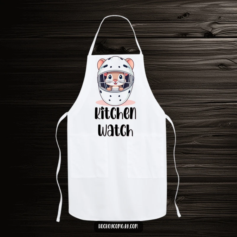 Funny mouse chef wearing an apron, peeking from a goalie mask, ready for kitchen stealth.