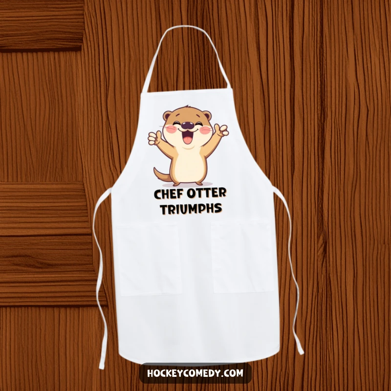 Funny apron showing a gleeful otter striking a hilarious victory pose after scoring a goal, ready for kitchen triumphs with playful energy.
