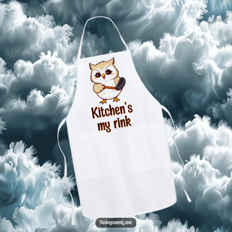 Funny Apron with a giggling owl comically attempting to catch a hockey puck, adding a humorous and playful touch to cooking.