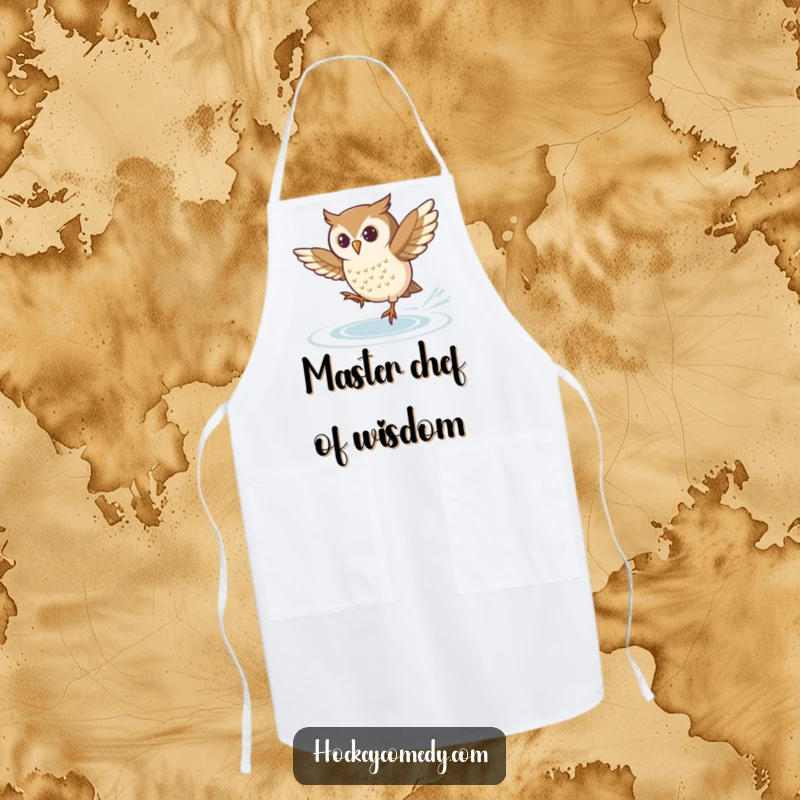 Funny apron designed with a determined owl attempting an ice skating spin, adding a humorous and focused touch to kitchen wear.