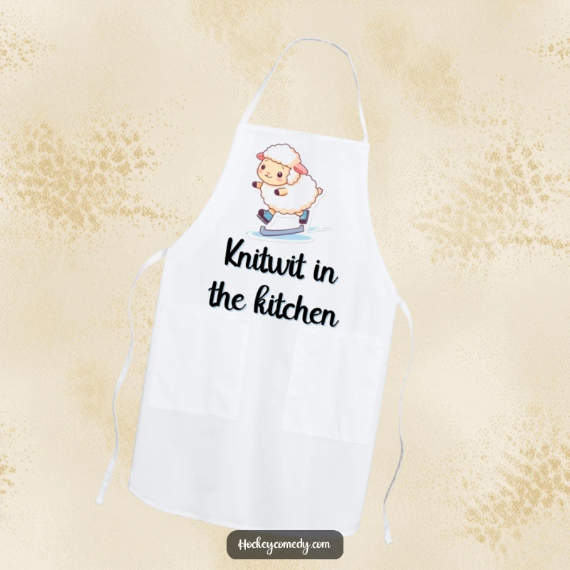 Funny apron designed with a fluffy sheep gracefully ice skating, adding a humorous and charming touch to kitchen wear.