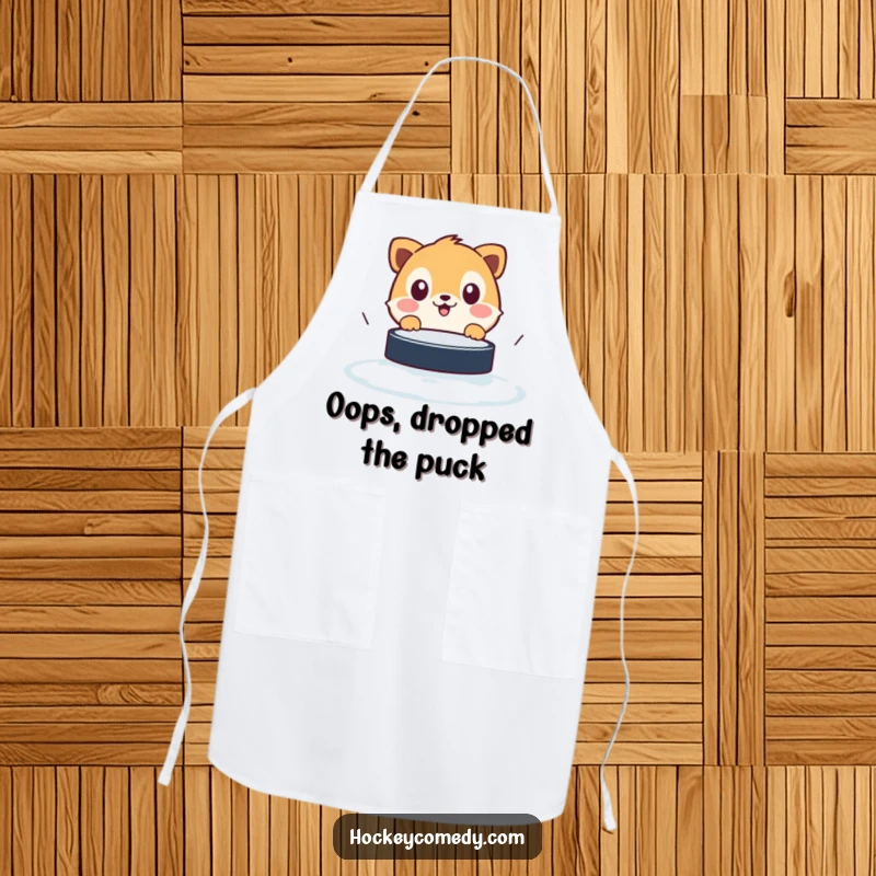 Funny apron illustrating a startled animal's comical, wide-mouthed surprise at a rapidly incoming hockey puck while cooking.