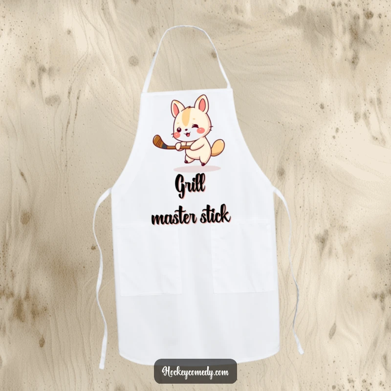 Funny animal hockey apron showing a small animal cheerfully swinging a miniature hockey stick, ideal for a playful cook. Great funny gift.