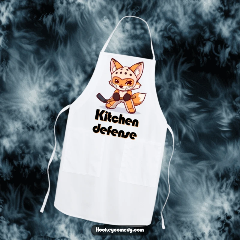 Funny fox apron showing a determined fox goalie in mask swatting a puck, adding sporting fun to cooking tasks.