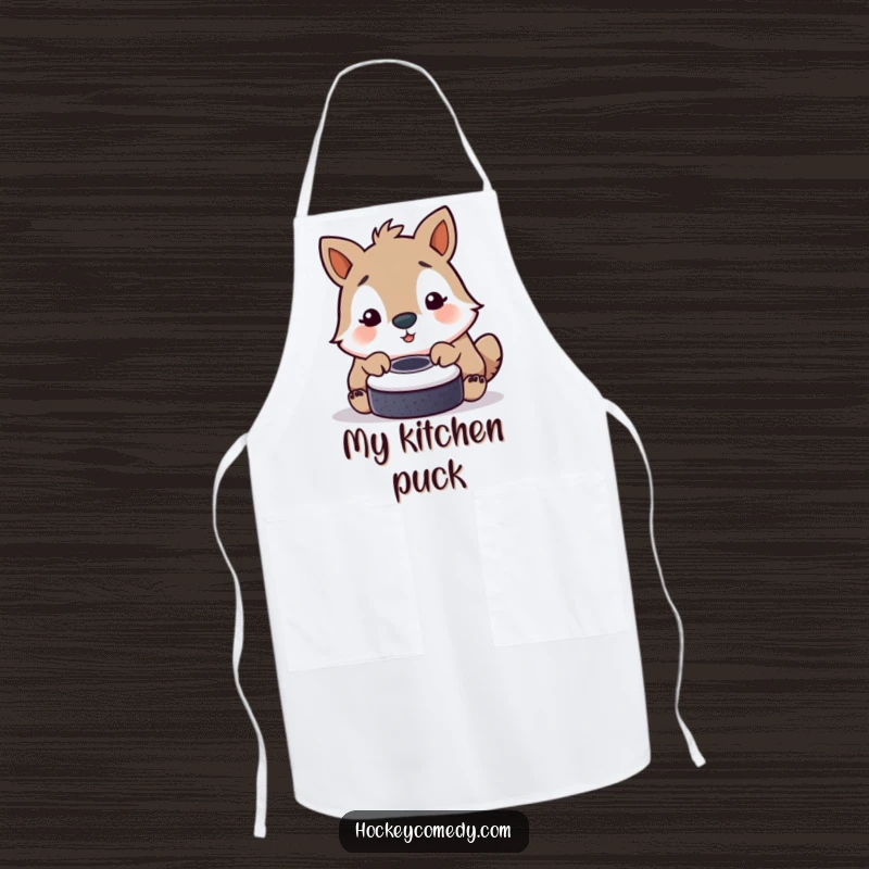 Funny apron showing an animal playfully nudging a hockey puck with its nose, great for adding cheer while cooking.
