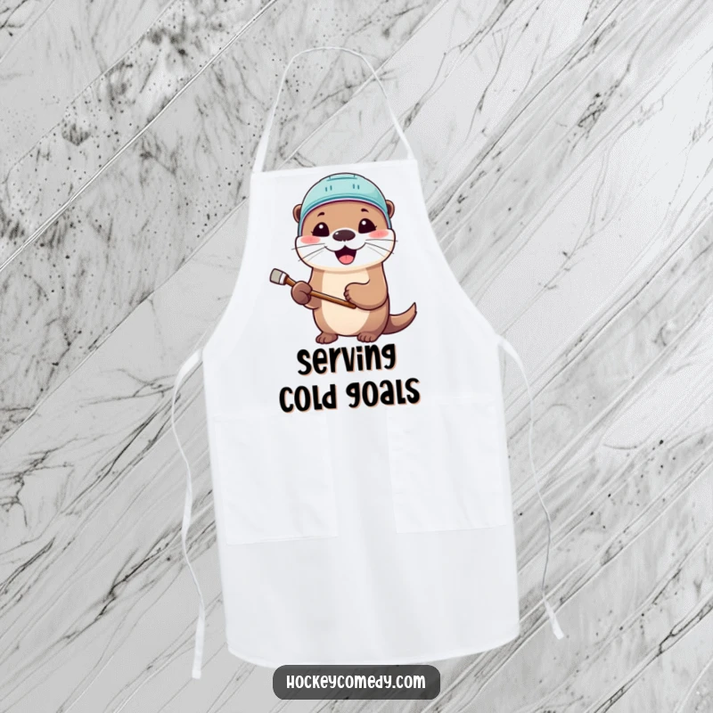 Funny apron showcasing a cute otter in a hockey helmet, stick in paw, smiling broadly while cooking up a storm.