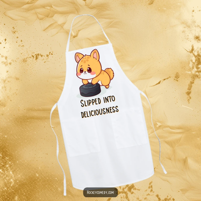 Funny apron showing a cute, surprised animal stumbling over a hockey puck, perfect for kitchen humor and protection.