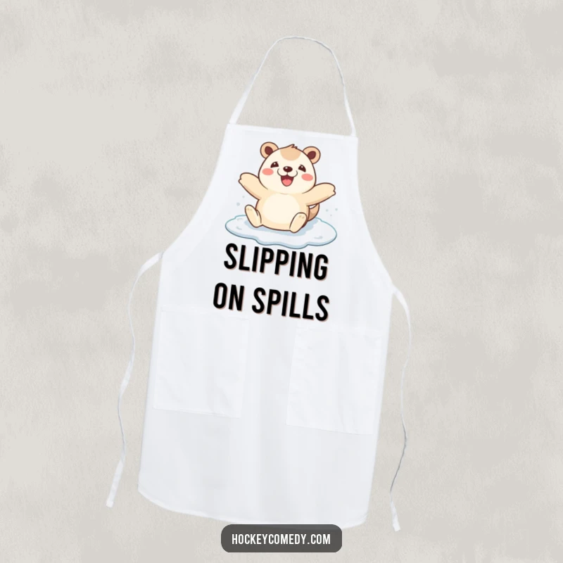 Funny happy animal arms wide on an apron, ice skating playfully, a hilarious kitchen accessory.