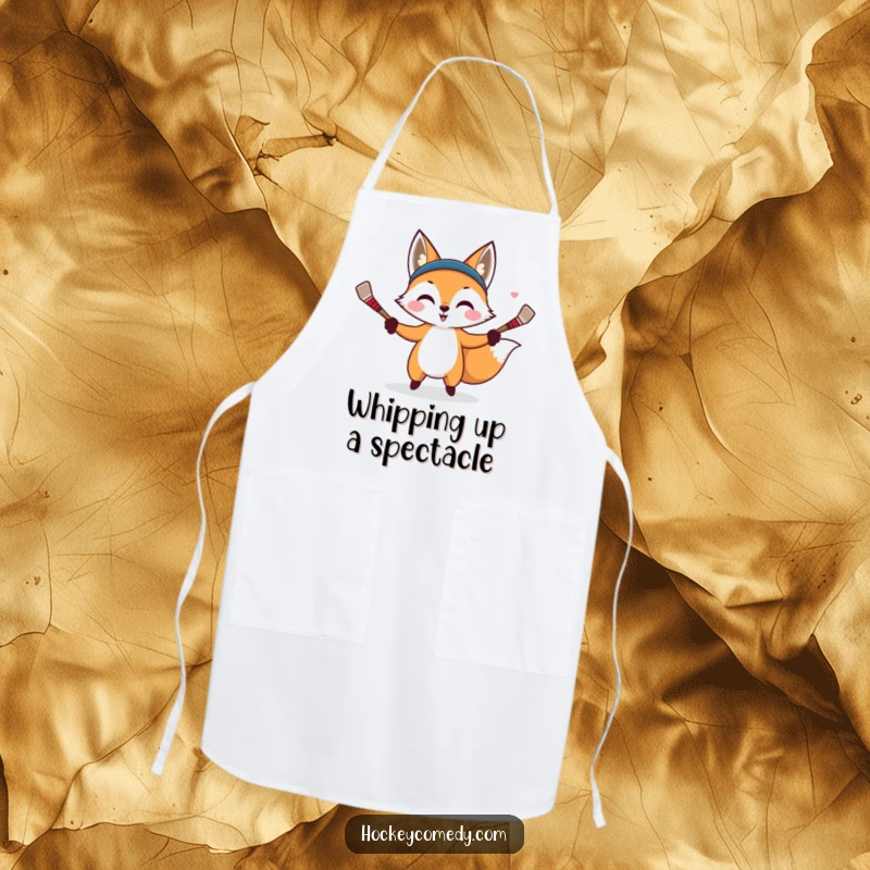 Funny apron showing a mischievous fox juggling hockey sticks, ready to add a sly and playful touch to cooking.
