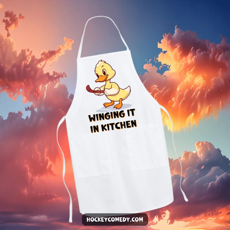 Funny apron: A determined duck attempts a slap shot, comically unbalanced on the ice, ready for kitchen duty.