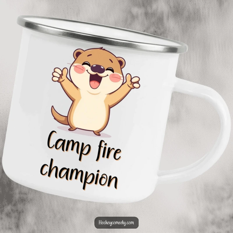Funny camping mug featuring a gleeful otter striking a hilarious victory pose after a goal, perfect for celebrating outdoor triumphs with joy.