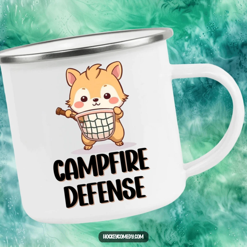 Funny camping mug with a brave animal resolutely defending a small hockey net, embodying outdoor determination.