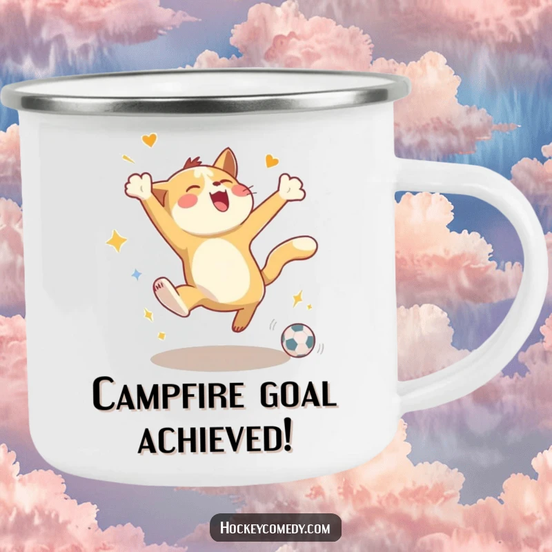 Funny camping mug featuring an energetic animal leaping in celebration of a goal, perfect for outdoor triumphs and humor.