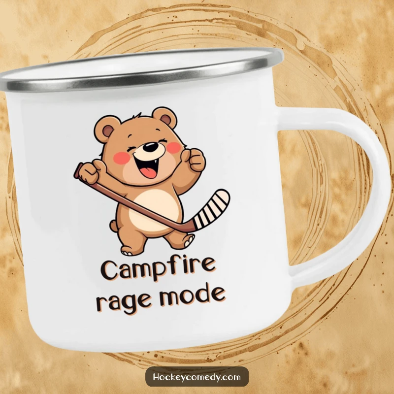 Funny camping mug with a happy, roaring bear furiously waving a hockey stick, ideal for outdoor adventures.
