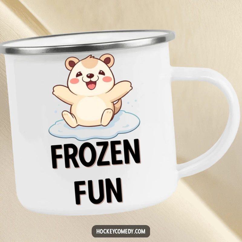Funny happy animal arms wide on a sturdy camping mug, ice skating blissfully, perfect for winter adventures, a funny gift.