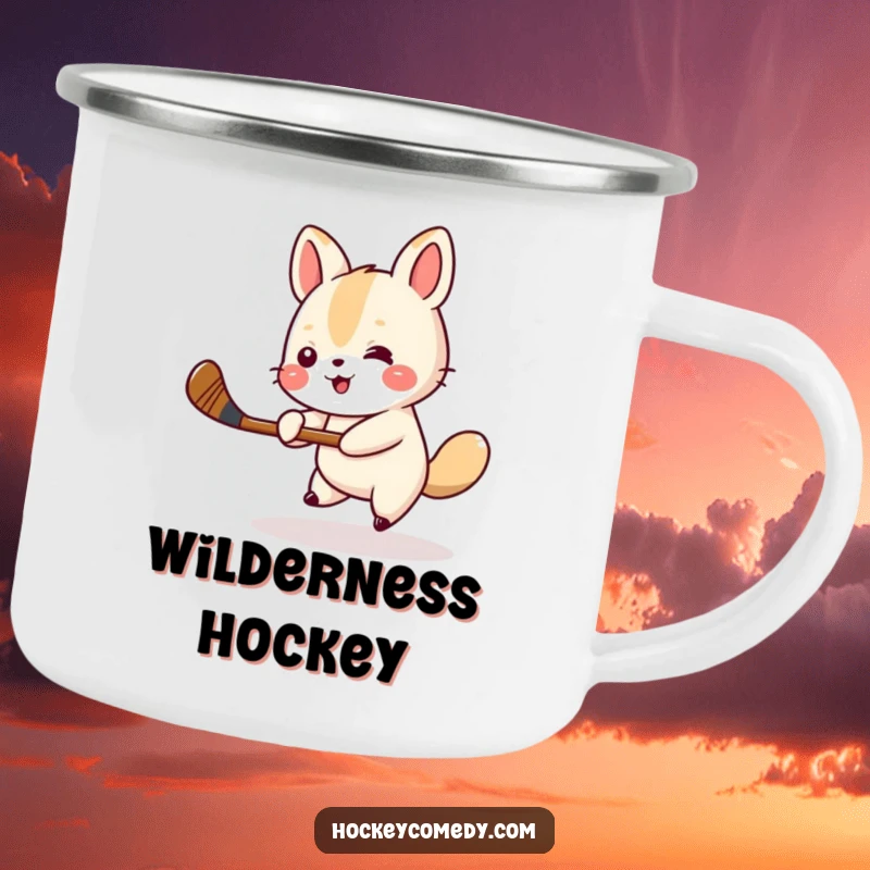 Funny animal hockey camping mug showing a small animal cheerfully swinging a miniature hockey stick, durable for outdoor fun. Great funny gift.