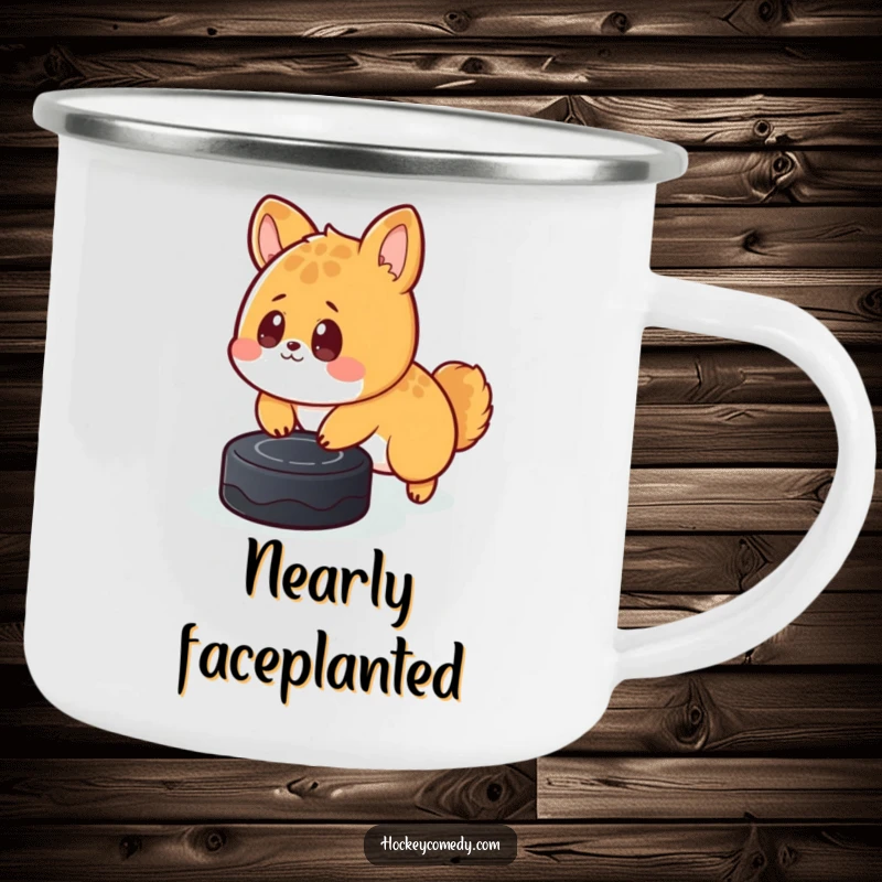 Funny camping mug featuring a cute, surprised animal tripping over a hockey puck, perfect for outdoor adventures and humor.