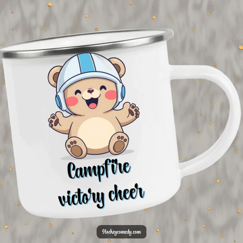 Funny Bear Goal Camping Mug featuring a jubilant bear celebrating a goal, perfect for enjoying drinks outdoors with a sports theme.