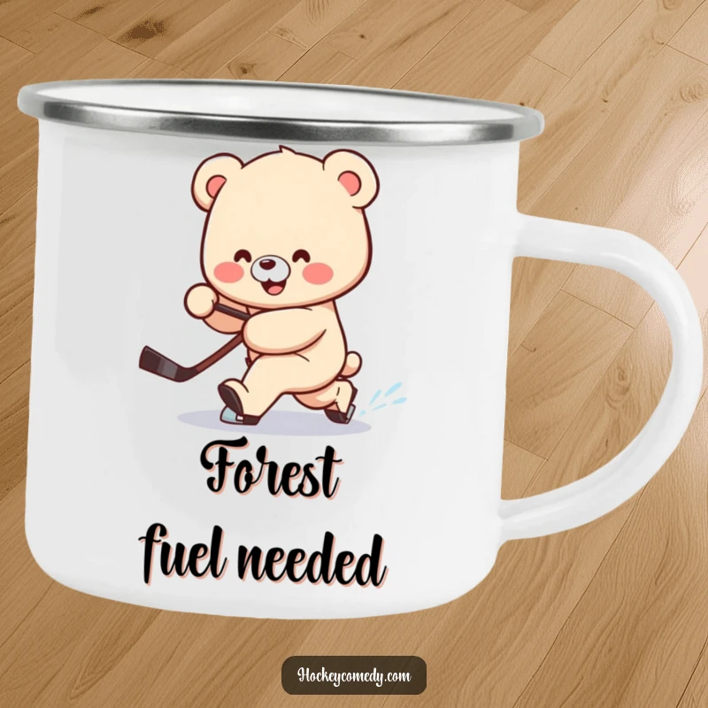 Funny camping mug showing a smiling bear attempting a clumsy hockey deke, stick trailing behind, perfect for drinks.
