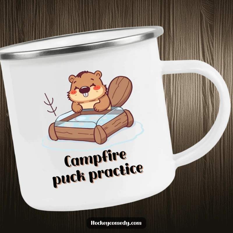 Funny beaver camping mug, a happy beaver building a small hockey rink out of logs, perfect for outdoor use, durable and humorous.