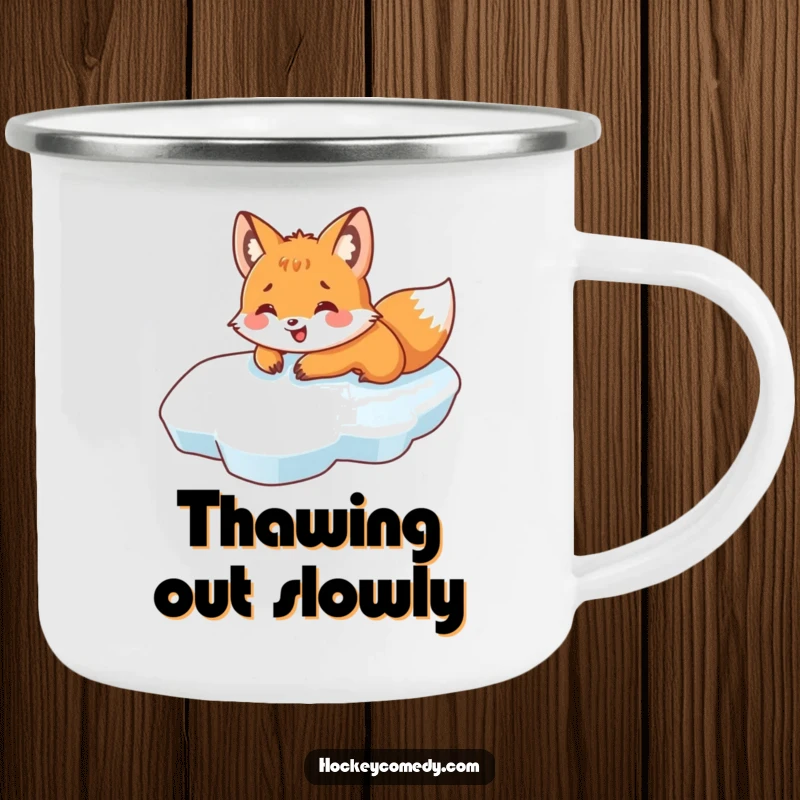 Funny camping mug showing a happy fox belly-sliding on ice, perfect for outdoor enthusiasts who love winter and humor.