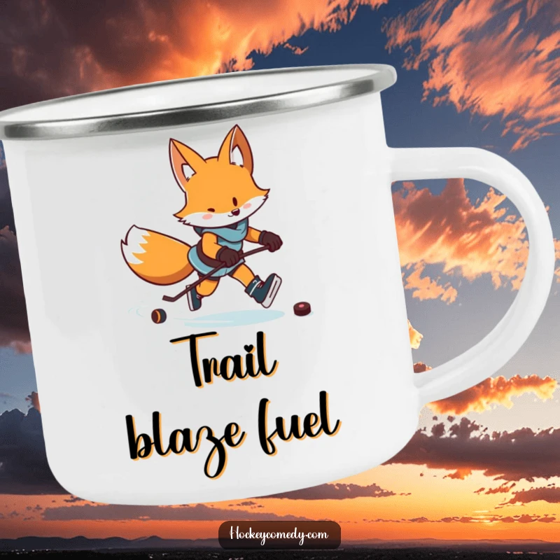 Funny camping mug showing a determined fox skating with a puck, leaving a zigzag trail, perfect for drinks.