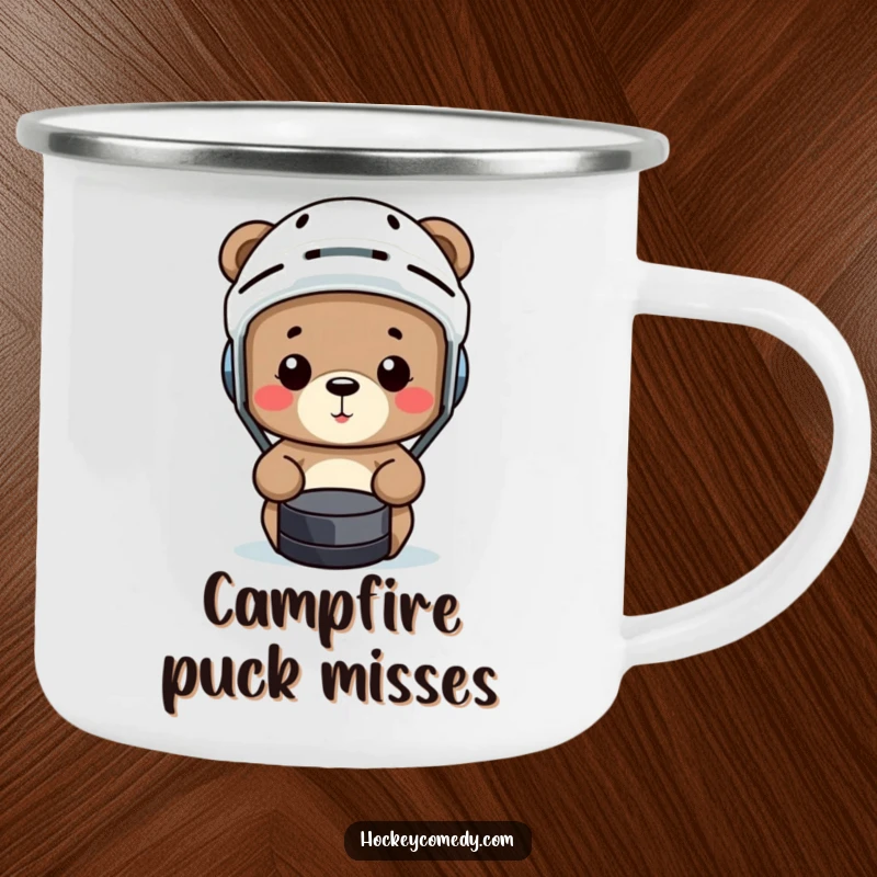 Funny bear in a hockey helmet comically misses a puck on a durable camping mug.