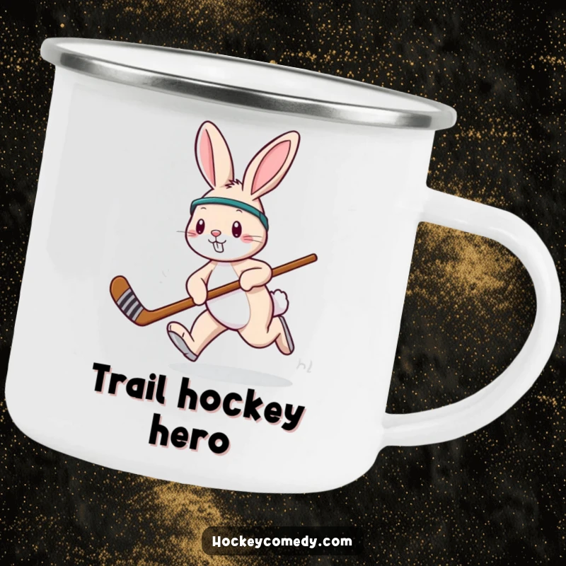 Funny rabbit hockey camping mug, showing a playful rabbit hopping with a stick, ideal for outdoor brews.