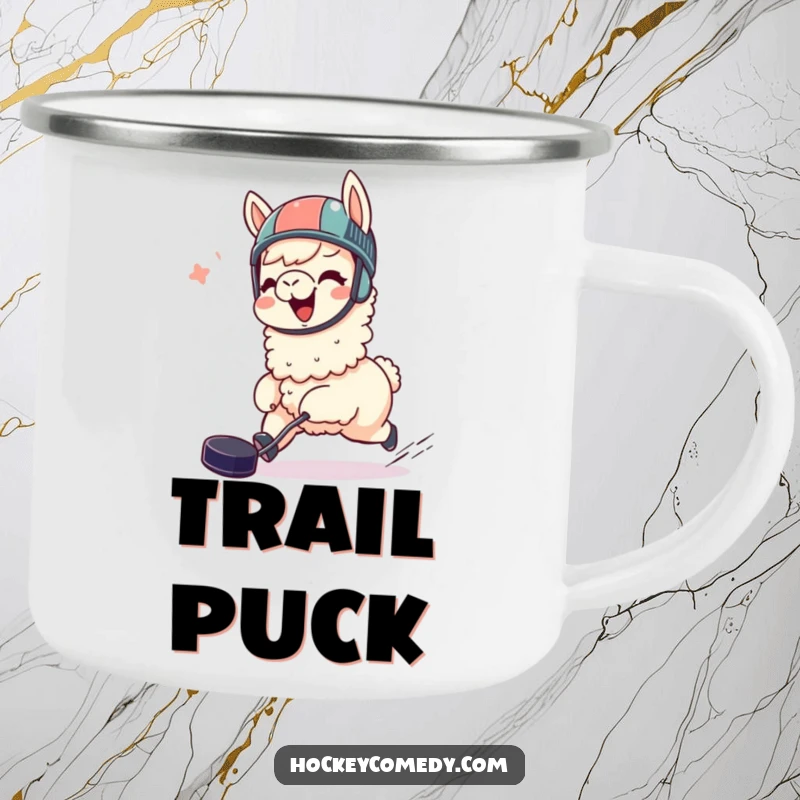 Funny llama camping mug, giggling, wearing a helmet, joyfully chasing a hockey puck, perfect for outdoor fun and as a humorous gift.
