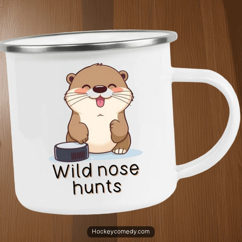 Funny cheerful otter trying to catch a hockey puck with its nose on a durable camping mug.