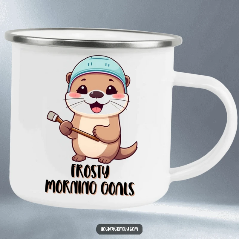Funny camping mug featuring a cute otter with hockey helmet and stick, smiling, perfect for outdoor beverage enjoyment.